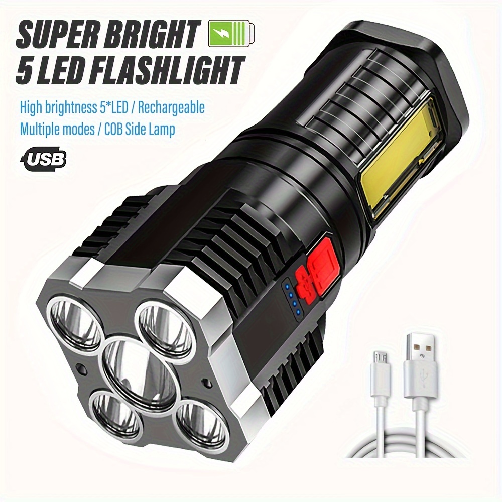 

5 Leds High Power Flashlight, Rechargeable Camping Light With Cob Side Light And 4 Lighting Modes, Suitable For Camping, Adventure, Hiking, Outdoor Activities, Etc.