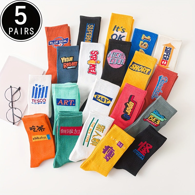 TEMU 5/10 Pairs Fashion Letter Socks, Street Hip Hop Style Breathable Unisex Mid Tube Socks For Fall & Winter, Women's Stockings & Hosiery