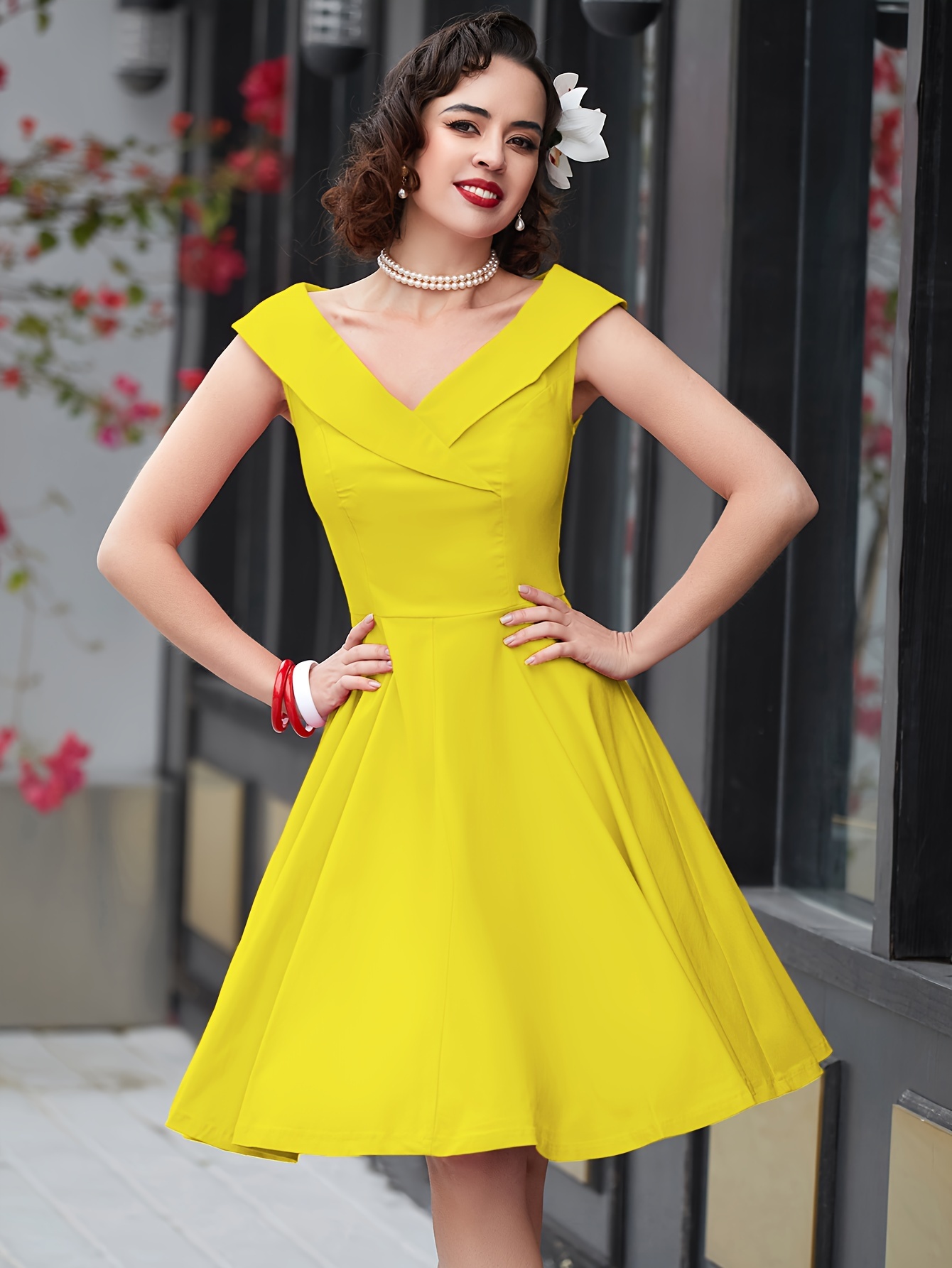 1950s Fitted Dresses Vintage 1950s A Line Swing Dress V Neck