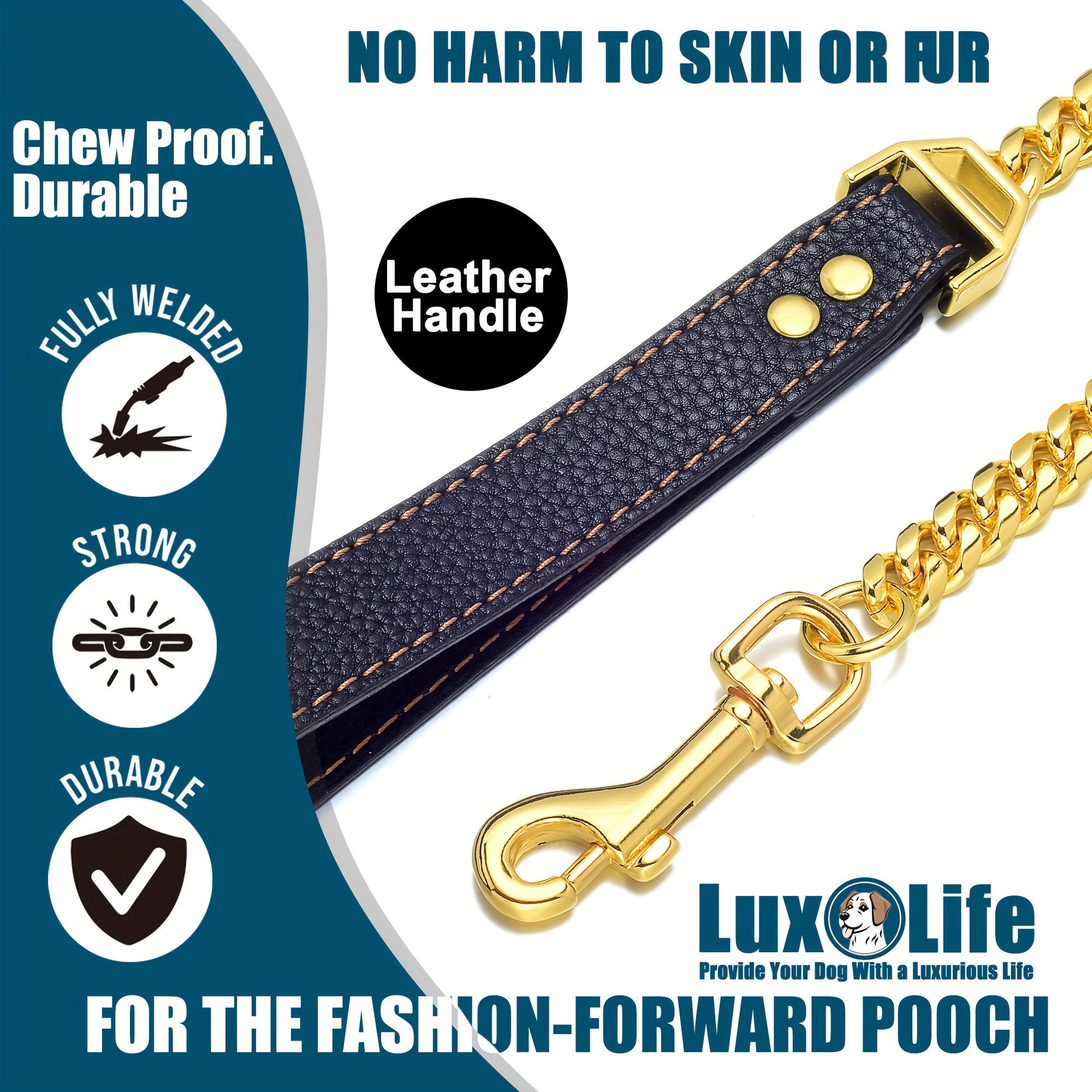 Golden 12mm Dog Chain Leash with Handle