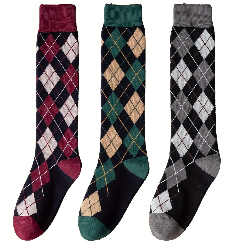 Image of 3-pair British Calf Socks For Autumn/winter, Women's Rhombus British Jk Calf Socks, Trendy Vintage Style Slouchy Socks, Versatile Knee-high Socks
