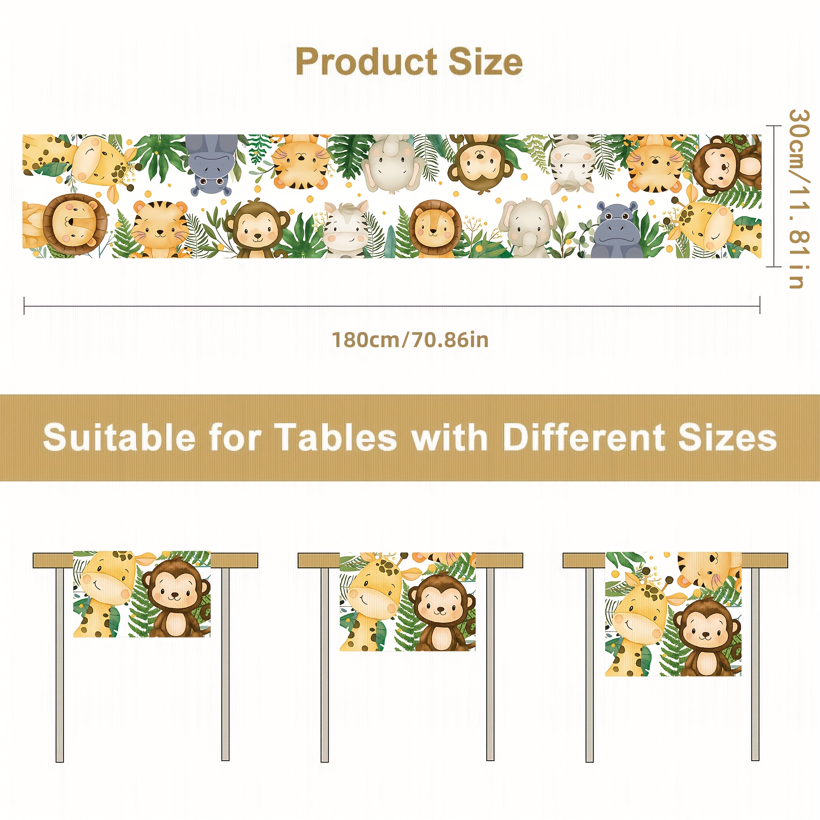 Image of 1pc Jungle Animal Print Tablecloth - 100% Polyester, Featuring Adorable Cartoon Designs Of , Tigers, , And Elephants, With Vibrant Leaves, Perfect For Spring Decor, Teen Parties, And Themed Events