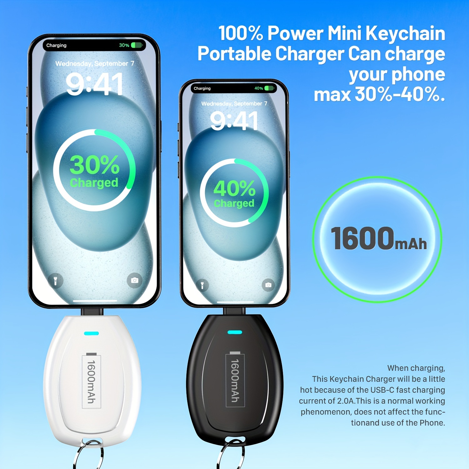 

2 Pcs Keychain Portable Charger, 1600mah Mini Power Emergency Pod Ultra-compact External Power Bank Battery Pack, Key Ring Cell Phone Charger For Iphone 6 7 8 X Xs 11 Pro Max 12 14 Airpods