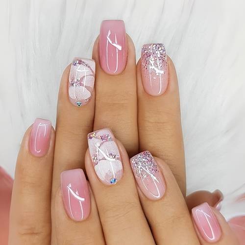 24pcs Medium Square Press On Nails Glossy Gradient Diamond System with Rhinestones and Fine Glitter Overlay Artificial Reusable False Nails for Women and Girls