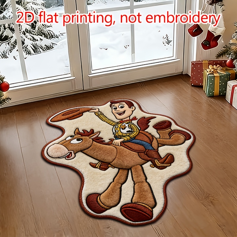 2D Flat Disney Polyester Fiber Floor Mat, 2D Flat Design with Toy Story Style Buzz Lightyear and Woody. Suitable for Bedroom, Living Room, Bathroom, Playroom. Disney Doormat, Irregularly Shaped Floor Mat, Bedroom Foot Mat, Christmas Decoration Style