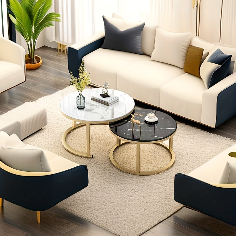 Dos Piezas, Una Grande y Una Pequeña, una Mesa de Centro Redonda Moderna con Textura de Mármol Hecha de Madera Dura para la Sala de Estar, una Mesa de Centro Circular Adecuada para Espacios Pequeños, una Mesa de Centro Redonda de Almacenamiento de Hierro Creativa Minimalista Nórdica