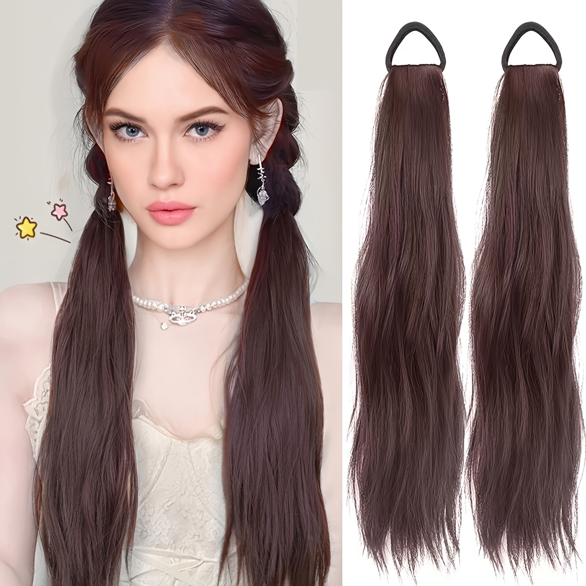 elegant 2 pack womens tie in ponytail extensions versatile synthetic long hair natural looking slightly curly high   loop all ages fit multiple styling options 20 inch hairpiece details 1