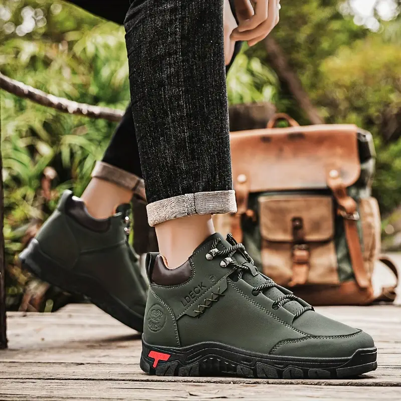 1pair vintage style mens high top casual sneakers solid color lace up upper fabric inner pvc sole round toe for hiking daily wear Product details 4