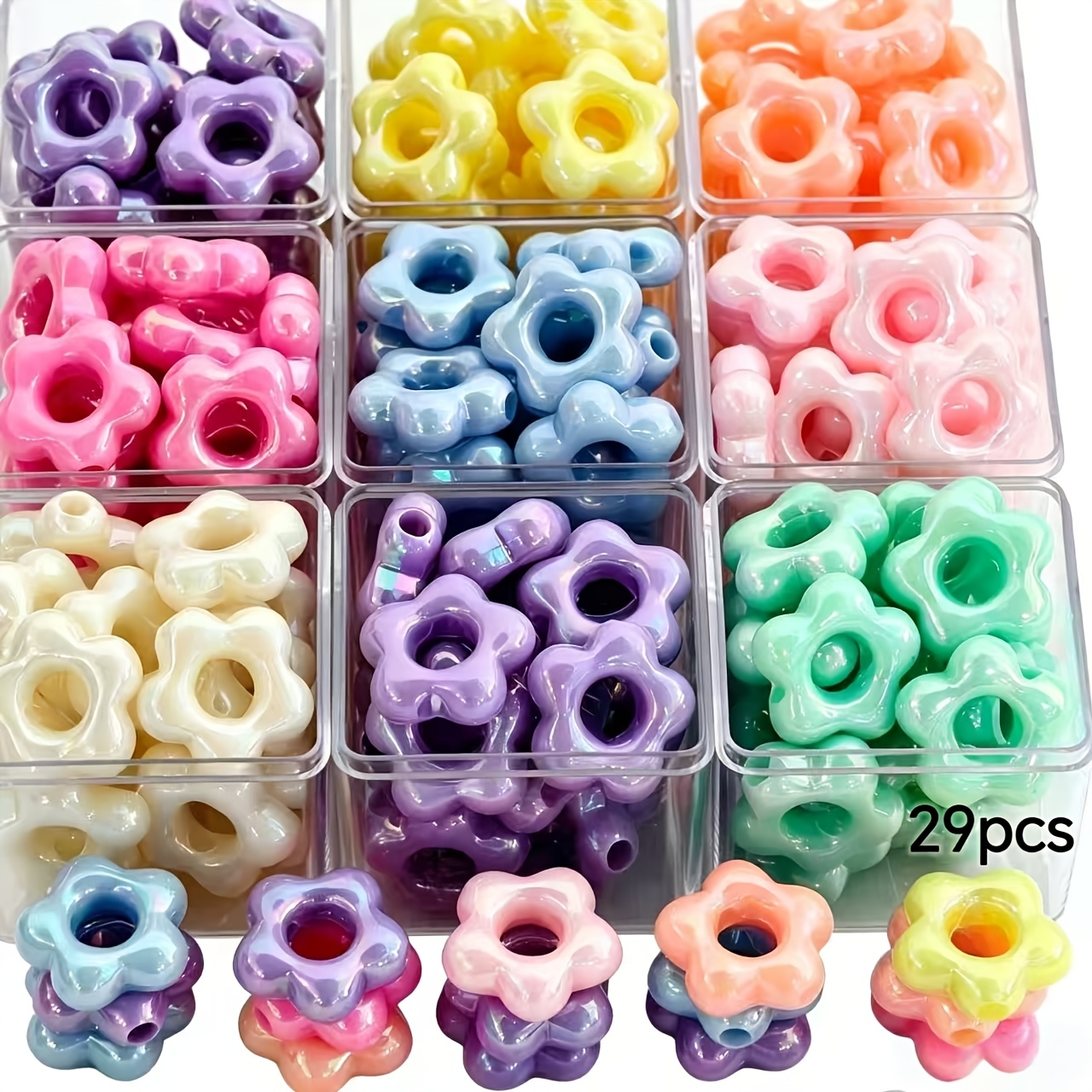 TEMU 29pcs 18mm High-gloss Hollow Five-petal Flower Acrylic Loose Beads, Polished Smooth Burr-free Large-hole Flower Beads, Macaron Laser -coated