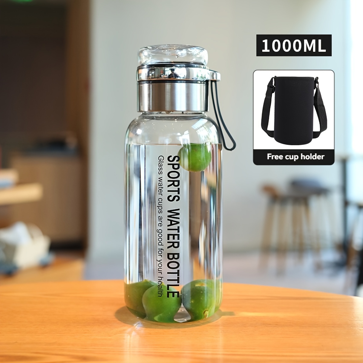 

1pc 1000ml High Glass Water Bottle With Stainless Steel Strainer, Wide Mouth & Silicone Rope, Includes Protective Holder, For Sports & Outdoor Use