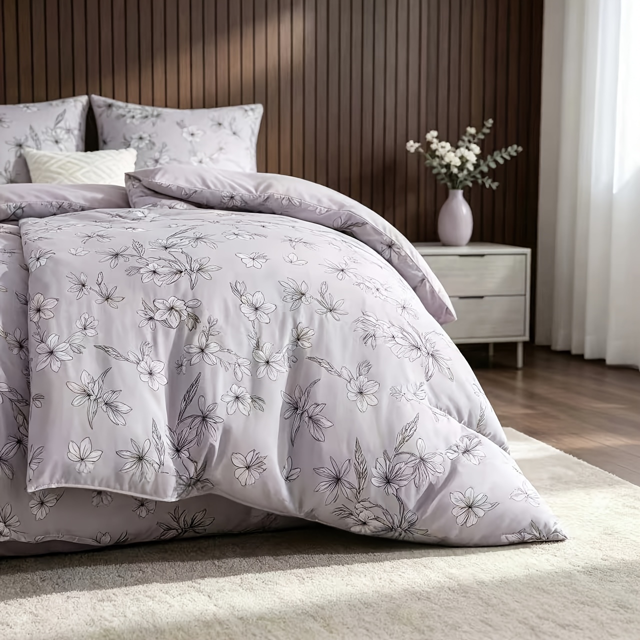 Image of Bedding 135x200cm, 4pcs, 2x Duvet Cover 135x200cm With Purple Floral Pattern, 2x Pillowcase 80x80cm, Zipper, Durable, Soft And Comfortable Fabric