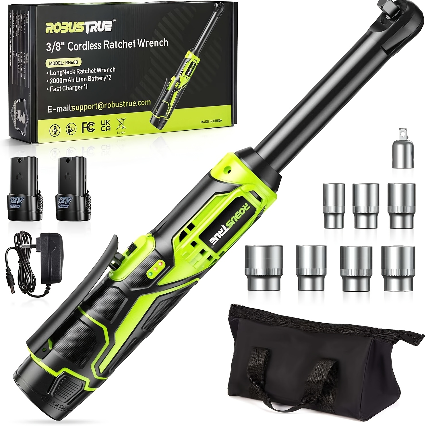 Robustrue -lbs Močan Brezžični Ključ z 2 Baterijama - 6" Podaljšan Električni Ključ, 400 RPM Spremenljiva Hitrost, LED Luč in 7 Vtičnic