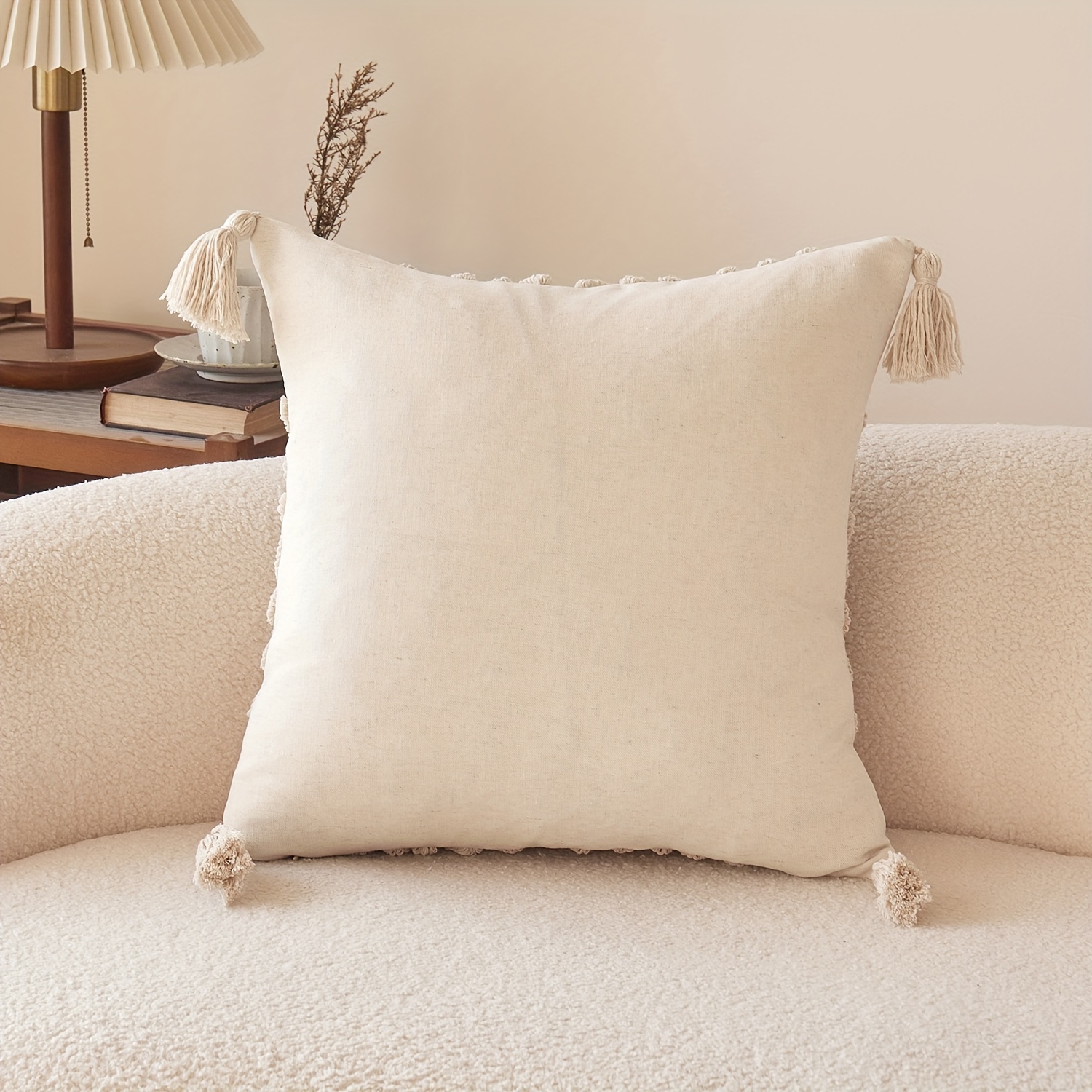 1pc, Natural Linen Blended Pillowcase, Geometic Pillowcase with Tassel Decoration, Single Side Tufted Embroidery, 44.96*44.96cm, Suitable for Sofa, Living Room, Bedroom Home Decoration, No Pillow Core