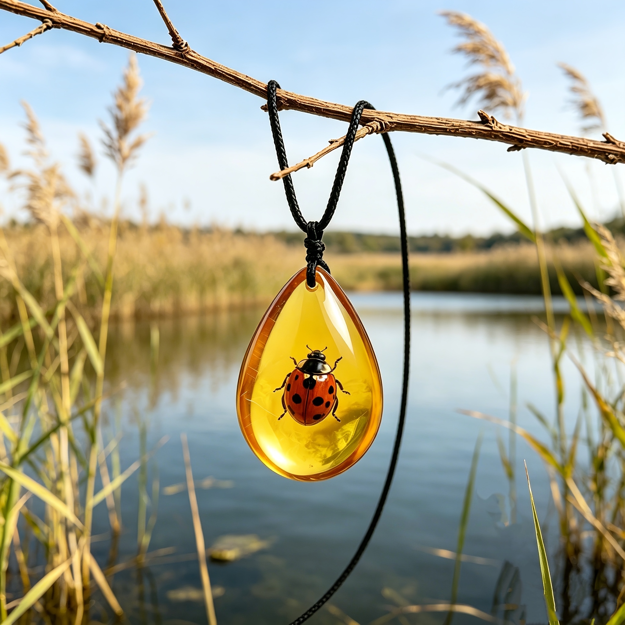 Simulated Amber Ladybug Pattern Men's Necklace