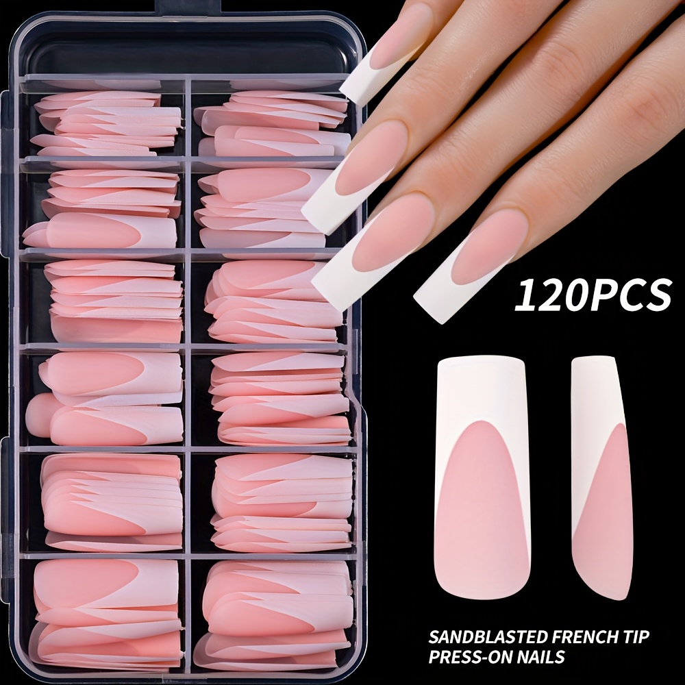120 Stck Franzsischer Stil Lange Quadratische Aufklebbare Ngel,  Vollstndig Bedeckte Wiederverwendbare Knstliche Ngel fr Frauen, Rosa  Farbe mit Weier Oberflche * Nail Tips Kit fr DIY Manikre