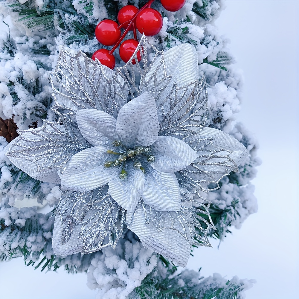TEMU 6pcs Multicolor Artificial Three-layer Hollow Out Christmas Flowers With Golden Powder, Christmas Decorations 15cm, Holiday Additions, Christmas