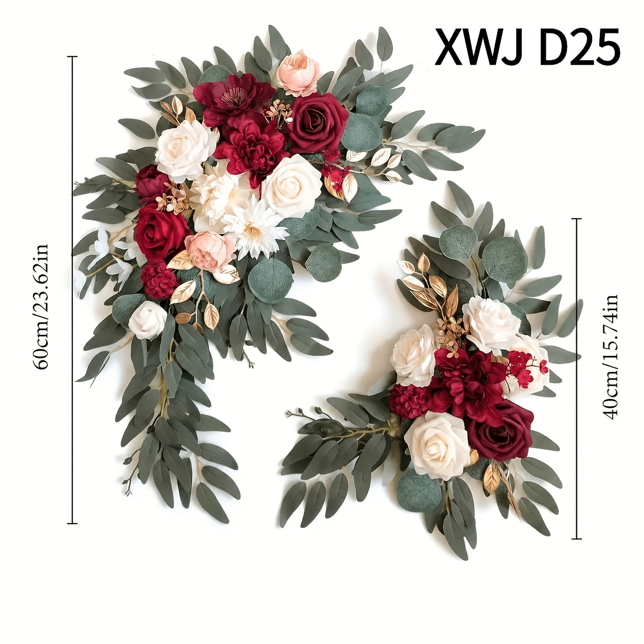 TEMU Ensemble de décoration de fleurs artificielles rouge vin haut de gamme, 2 pièces, arrangement floral de roses et d'eucalyptus de 60 cm et 40 cm,