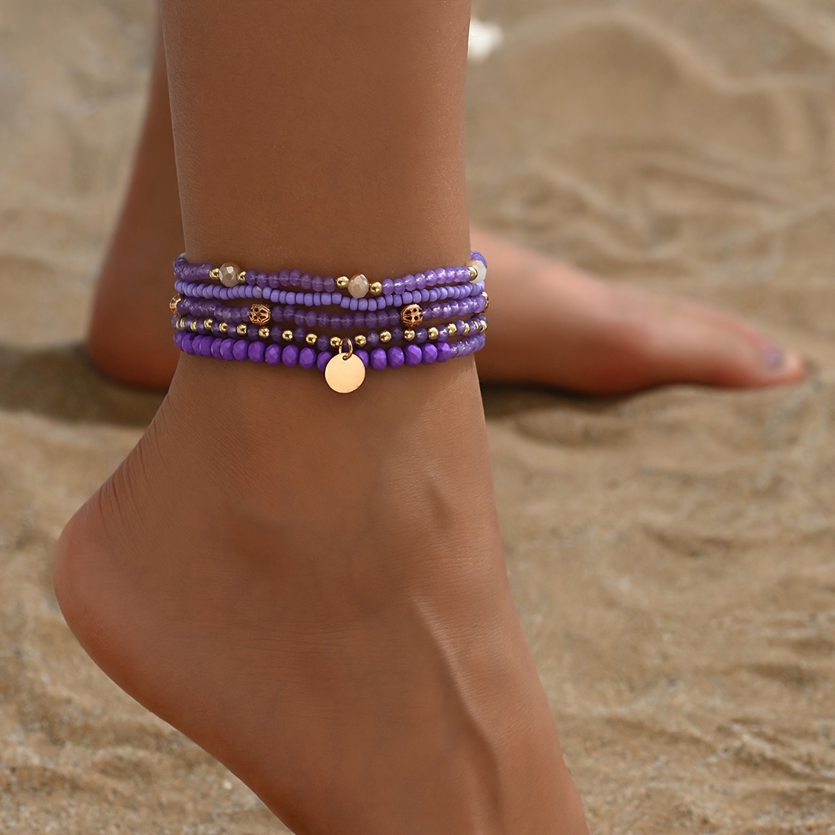 Image of 5pcs Summer Versatile Purple Bead Imitation Crystal Round Pendant Layered Anklet Set Suitable For Women's Beach Vacations And Everyday Wear