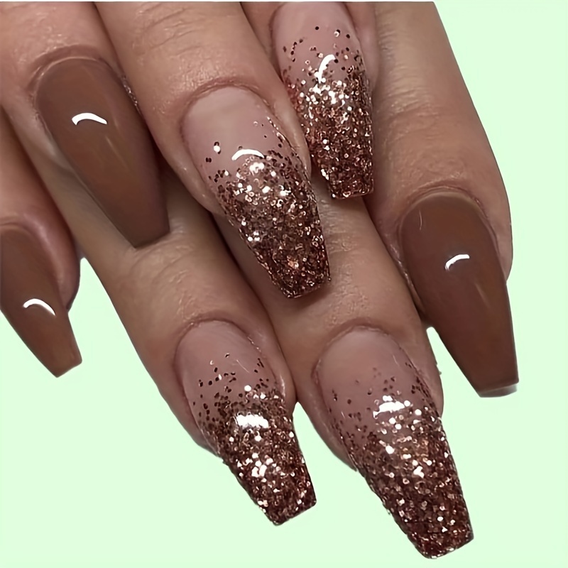 

24pcs Luxe Ballerina Press-on Nails Set - Long, Brown With Golden Glitter Accents, French Tip Design - Includes Jelly Adhesive & Nail File For Easy Application