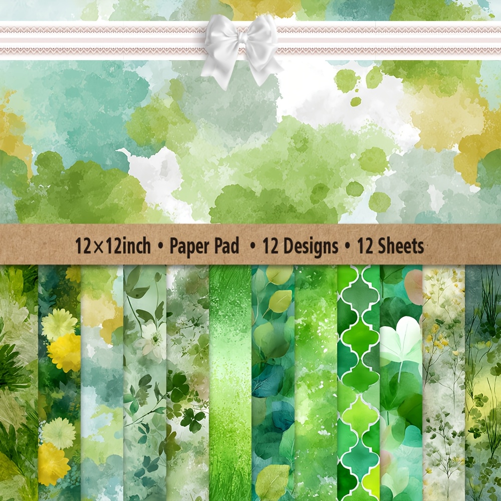 TEMU 12x12 Inch Scrapbook Paper Pad - 12 Sheets With 12 Unique Watercolor Green Nature Designs Suitable For Scrapbooking, Card Making, Journaling,