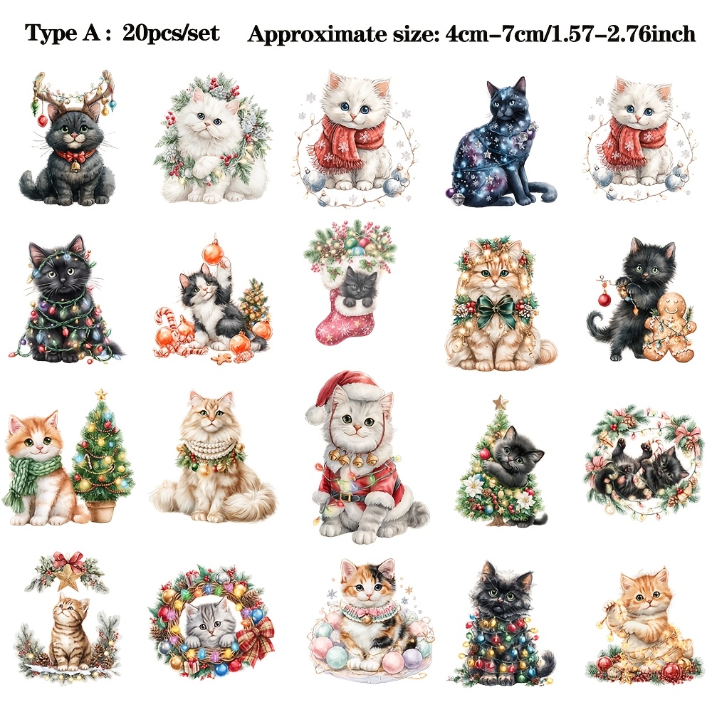 TEMU Ruonaorou 20pcs/set Retro Christmas Cat Stickers Creative Christmas Wreath Christmas Tree Cat Stickers Diy Decorative Stickers Material High