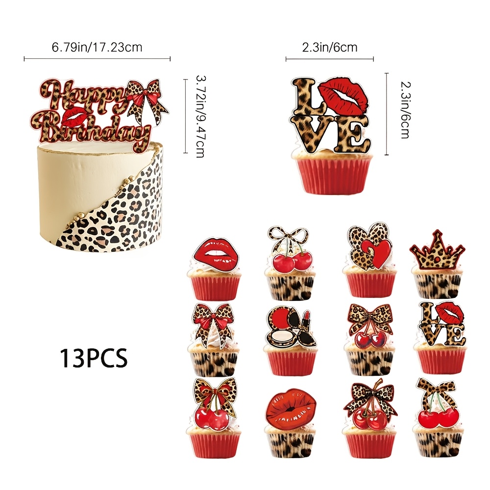 Image of Set Of 13 Leopard Print Bow And Cherry Cupcake Toppers, Perfect For -themed Birthday Celebrations. Decorative Pieces Are Ideal For Animal-themed Cakes And Can Be Used Props For A Wild Birthday Party
