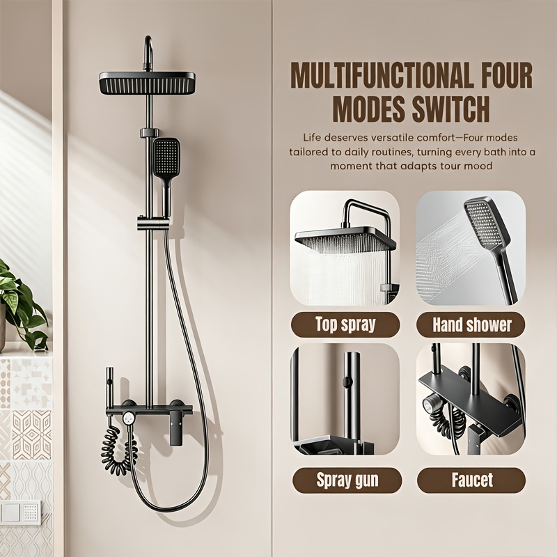 Image of Shower System With Fitting, Rain Shower Fitting Complete Set With Abs Shower Head Hand Shower, 65-105cm Height Adjustable, Grey Titanium