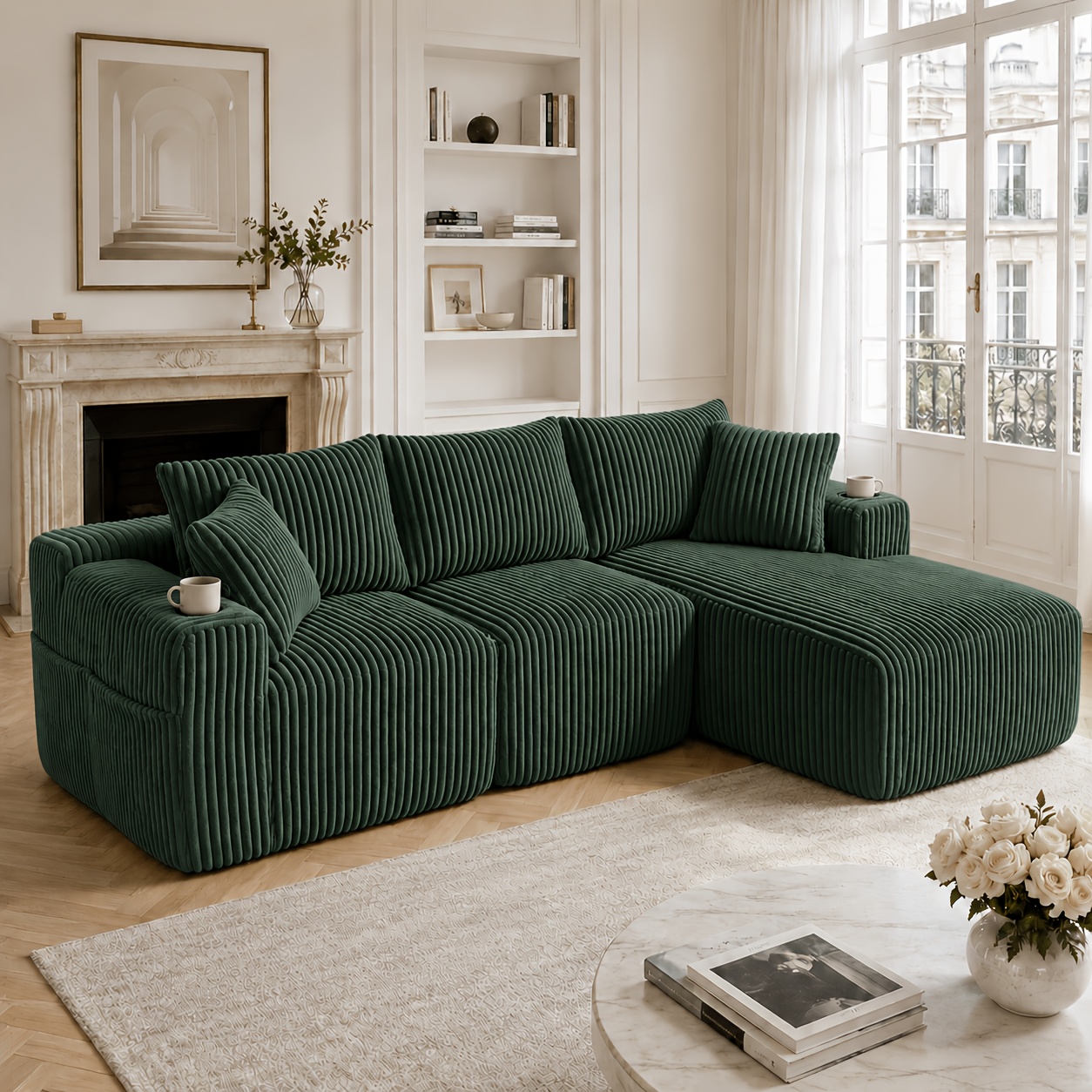 Image of Modern Modular Sectional Sofa With Chaise Lounge & Two-seater Suitable For Living Rooms, Apartments, - Soft Corduroy Cover, Foam Frame, -shaped Couch With Cushions, No