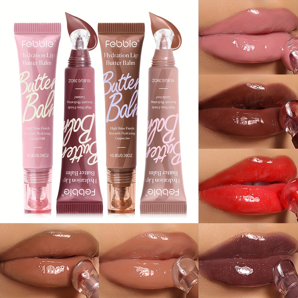 [6-Color Lip Balm] Febble 6-Color Moisturizing Lip Balm & Lip Mask | Hydrating Butter-Rich Formula for Dry Lip Lines, Berry Tones Glossy Liquid Texture, Nighttime Lipstick Primer | Portable Soft Tube for All Light Beige Types