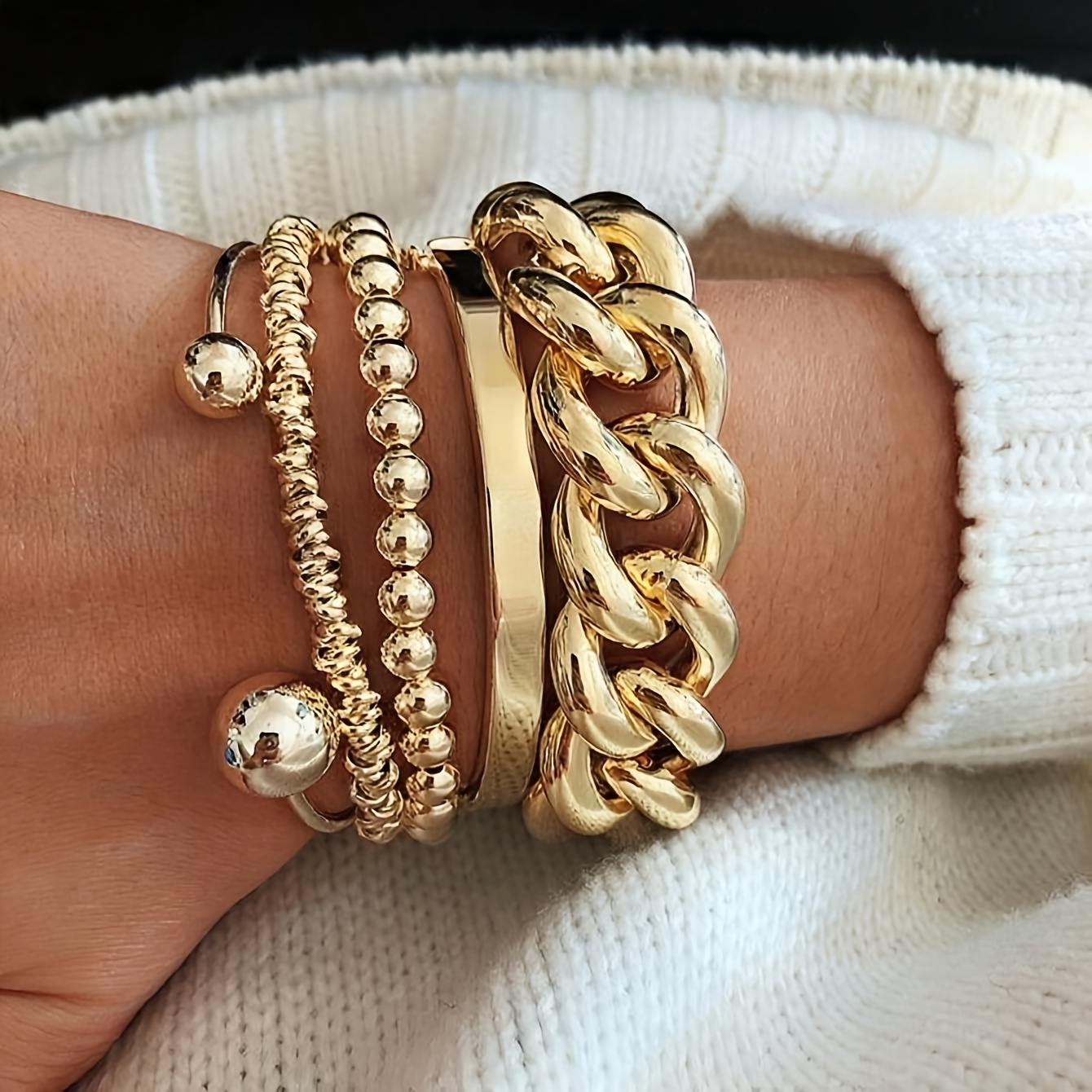 TEMU 5pcs Women's Fashion Bracelets Chunky Wide Chain Beaded Women's Jewelry Daily Dating Vacation Party Gifts For Girlfriend