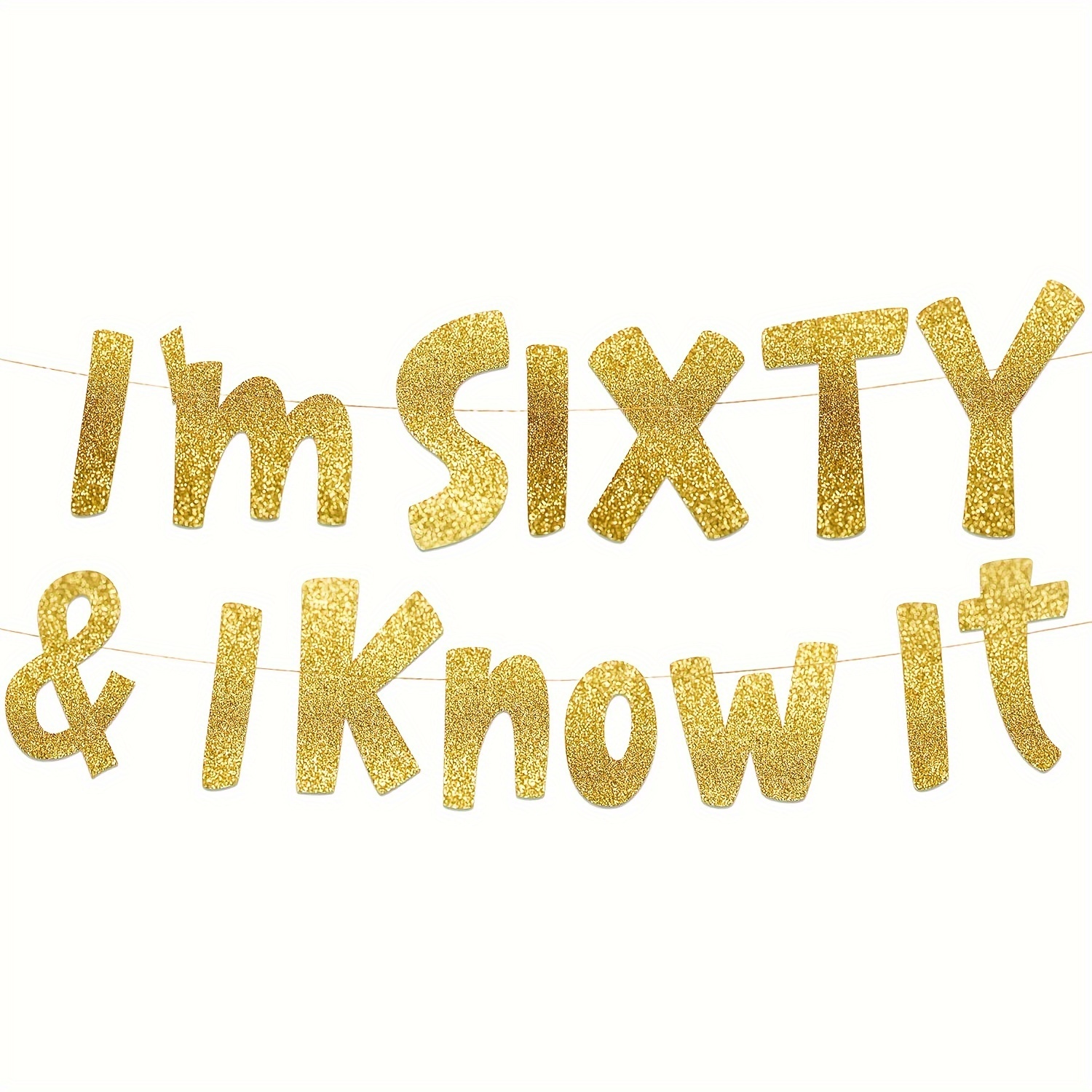 Image of I' & 60th Birthday Banner - Golden Glitter With Confetti Letters, 60th Anniversary & Party Decorations Suitable For 60 Year Olds Celebration