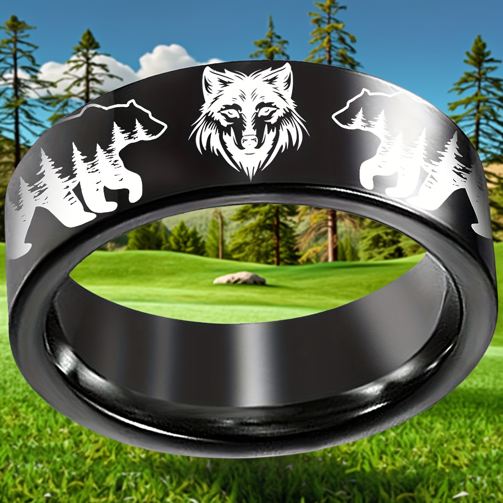 8mm Stainless Steel Bear and Wolf Engraved Wedding Band Ring