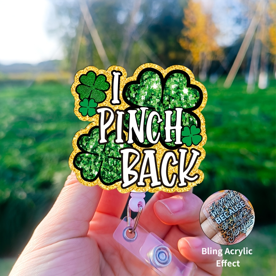 

1pc Intcro Glitter Green Clover "i Pinch Back" Retractable Badge Reel With Alligator Clip - 360° Rotating, Acrylic, Ideal For Nurses, Doctors, Pharmacists, Students