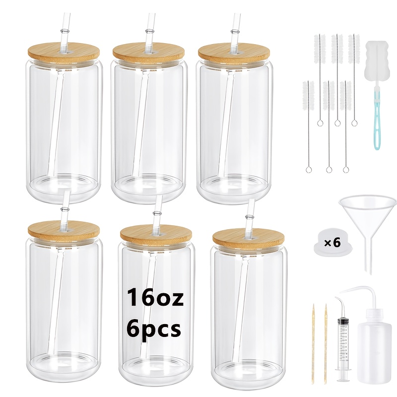 6-pack 16oz Double Wall Clear Bamboo Lid Bottles - Cups With Straws & Complete Cleaning Kit | 's Day Drinkware, Spring Cold Brew & Picnic Essentials