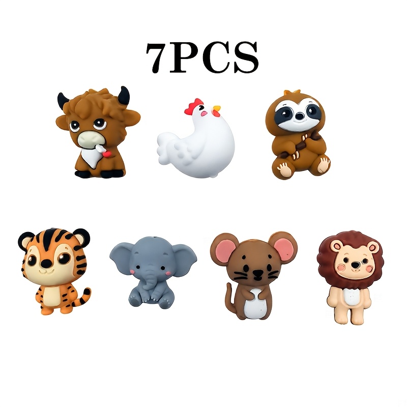 TEMU Ensemble de 7 perles en silicone 3D animaux | Tigre, Éléphant, Coq, Souris, , Lion, Vache - Matériaux de bricolage durables pour boucles