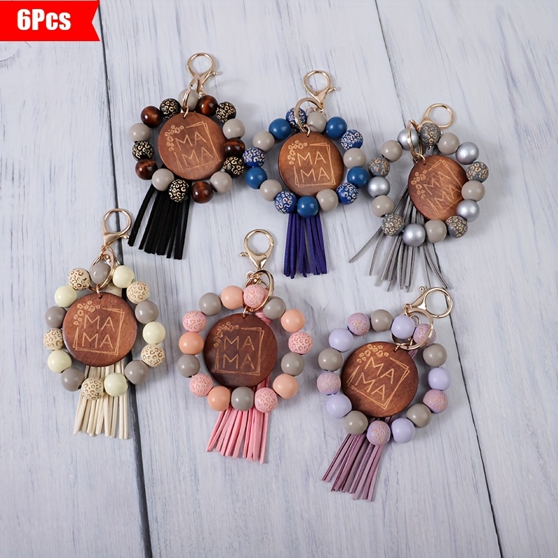 TEMU 6pcs Set Of Carved Wooden Beads "mama" Letter Wooden Pendantbead Key Ring, Perfect Gift For Holiday