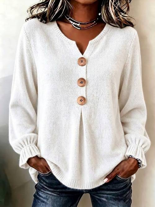 plus size womens elegant casual cute middle eastern style spring autumn solid color round neck v neck button decorated bell sleeve long sleeve sweater pullover soft warm sweater