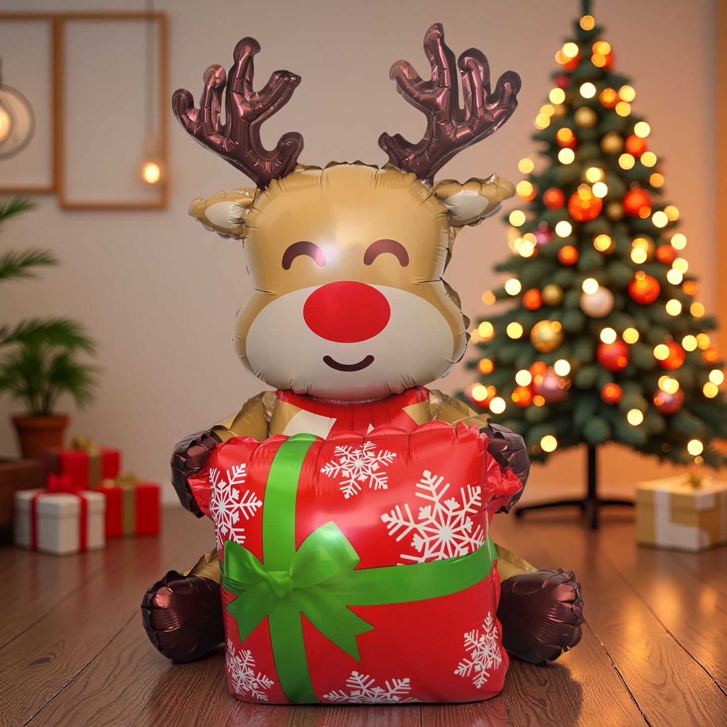 Image of 1pc Christmas Gift Reindeer Balloon, Sitting Reindeer Foil Balloon, For Christmas Decoration New Year Party Balloon, Christmas Present, New Year Gift