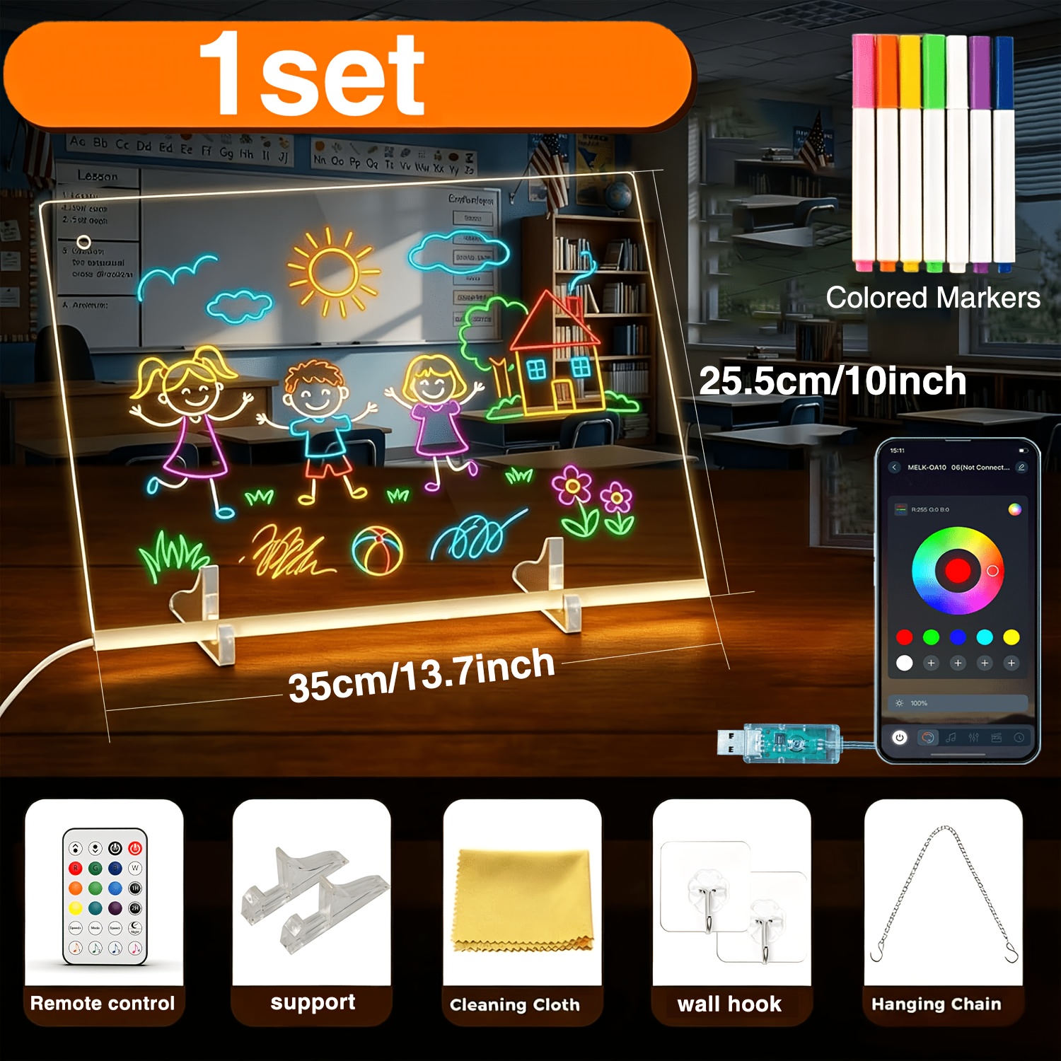 TEMU Led Drawing Board Light, Rgb+ic Illuminated Drawing Board, Usb Powered, App And Remote Control , Multiple Lighting , Includes 12 Markers And