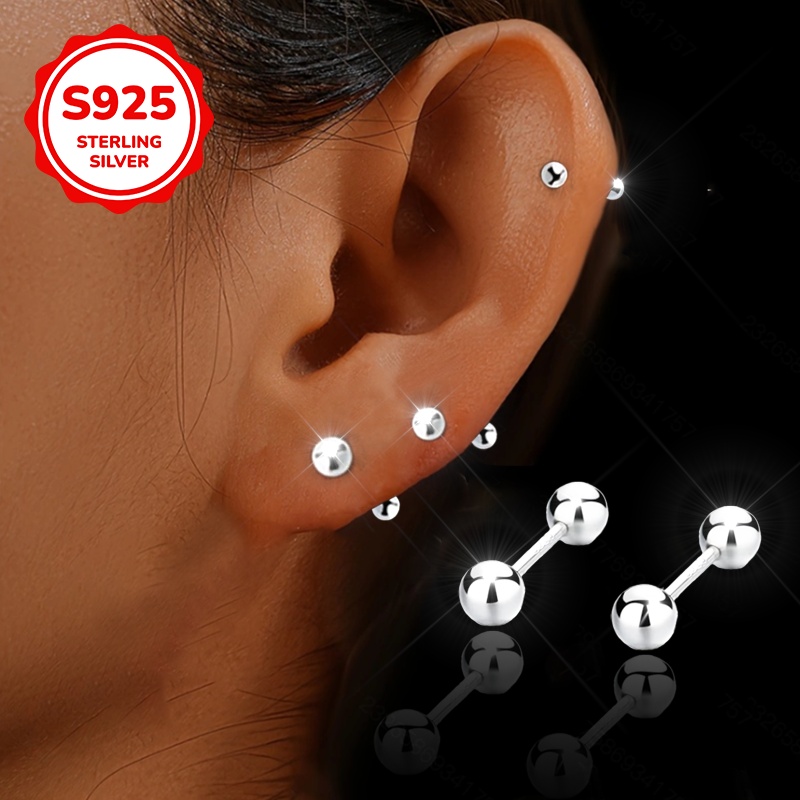 S925 Pure Silvery Double Headed Threaded Dumbbell Ear Studs