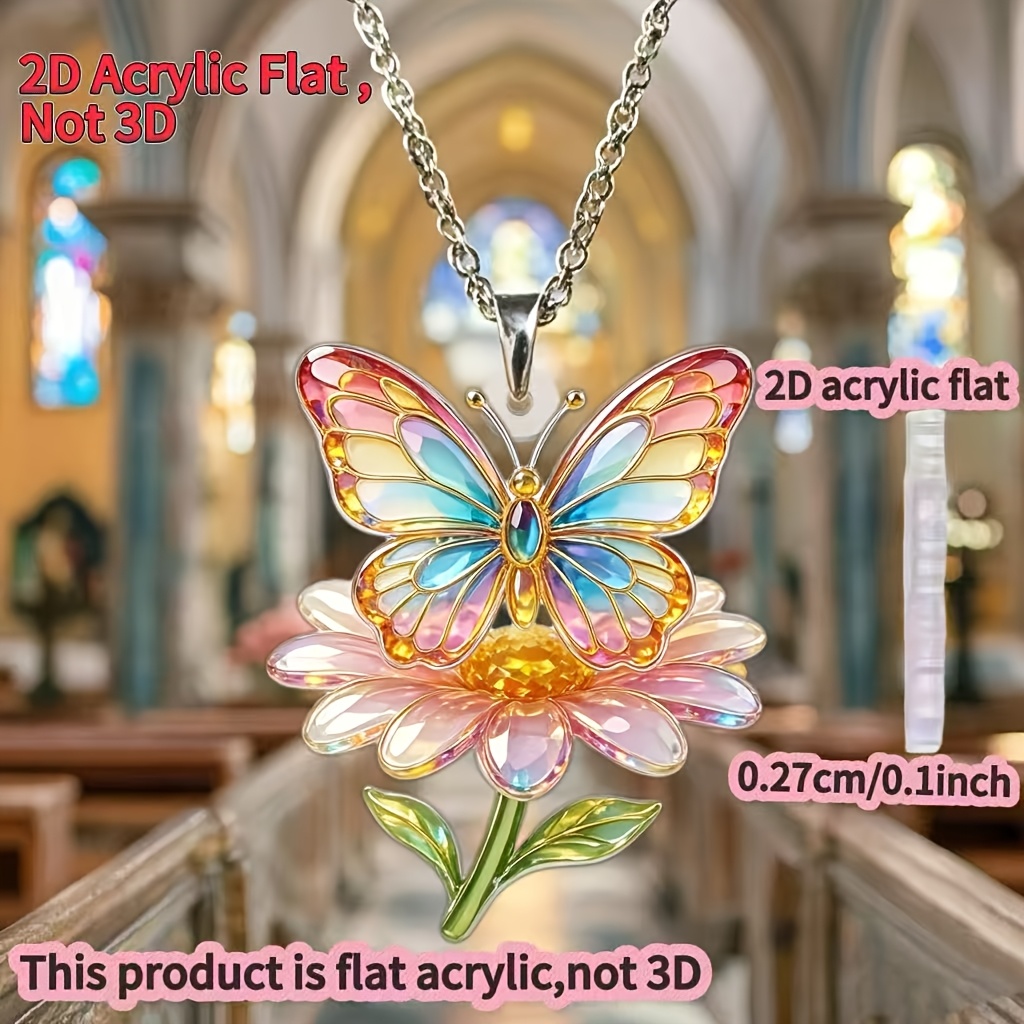 Flower & Butterfly Pattern Acrylic Necklace, Unique Design