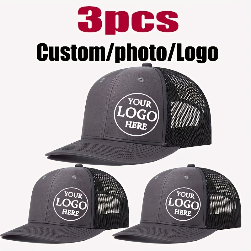 TEMU 3pcs Logo Trucker Hats Suitable For Outdoor, Breathable Mesh Baseball Caps With Adjustable Back Closure, Personalized Logo/logo & Text Printing,