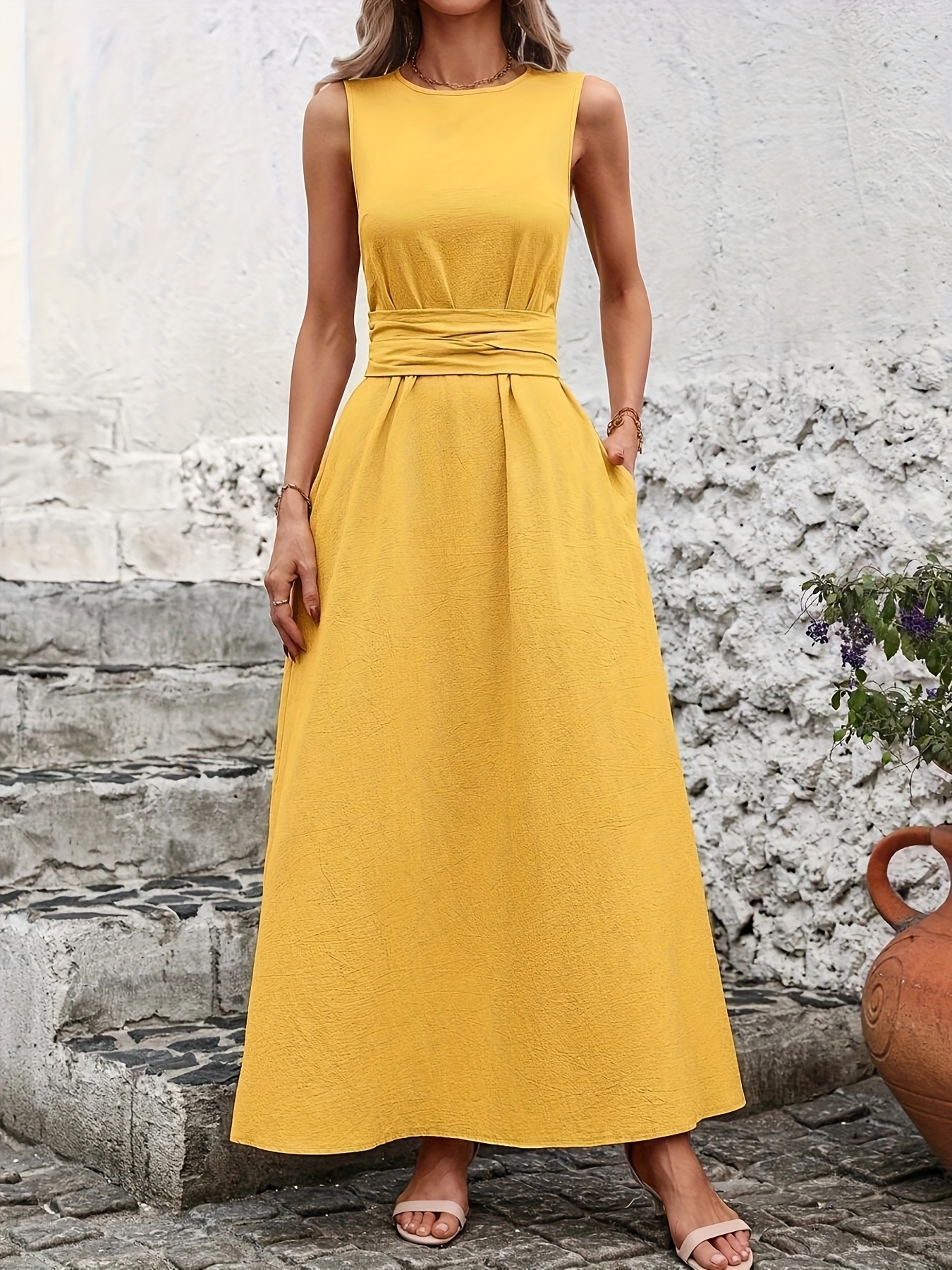 slim fit dress slacks Gold Metallic Pleated Maxi Dress main image 1