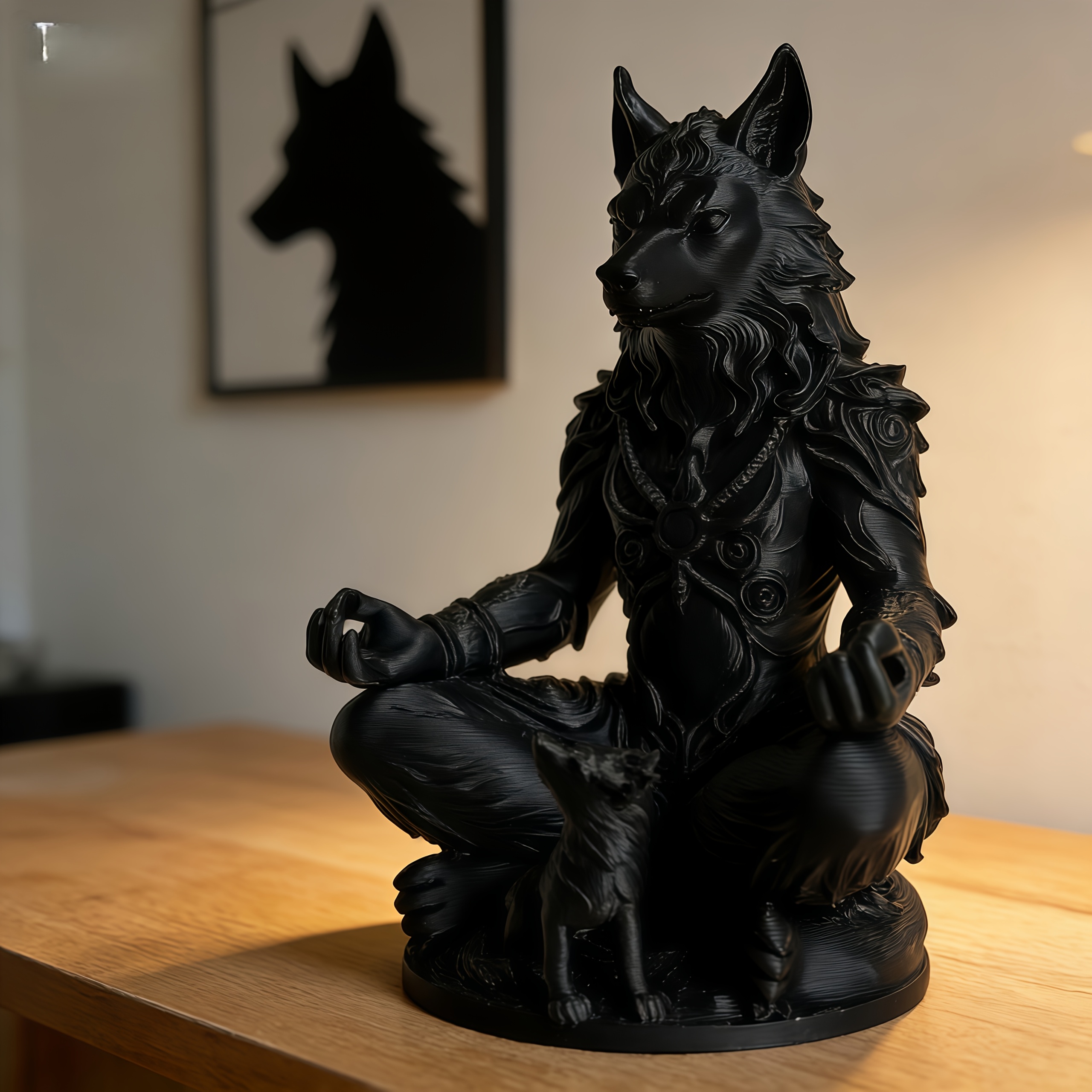 E-shop Eine gotische - und kleine -Meditationsstatue Dekoration, eine schwarze Meditationswolfskulptur, ein dunkles Fantasy-Tier-Totem für den