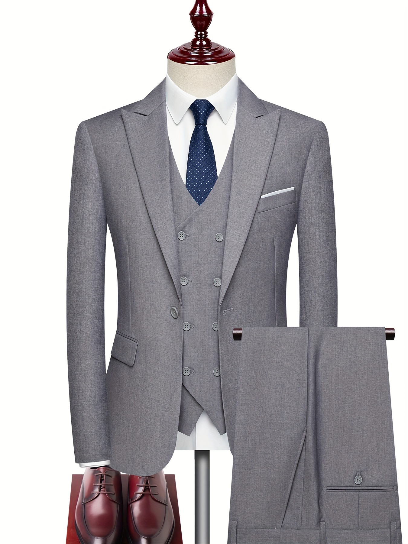 3pcs Men's Slim Fit Red Blazer Set - Elegant Business Casual Suit with Double-Breasted Jacket, Matching Pants & Vest, Elastic Waistcoat, Polyester - Perfect for Formal or Semi-Formal Occasions