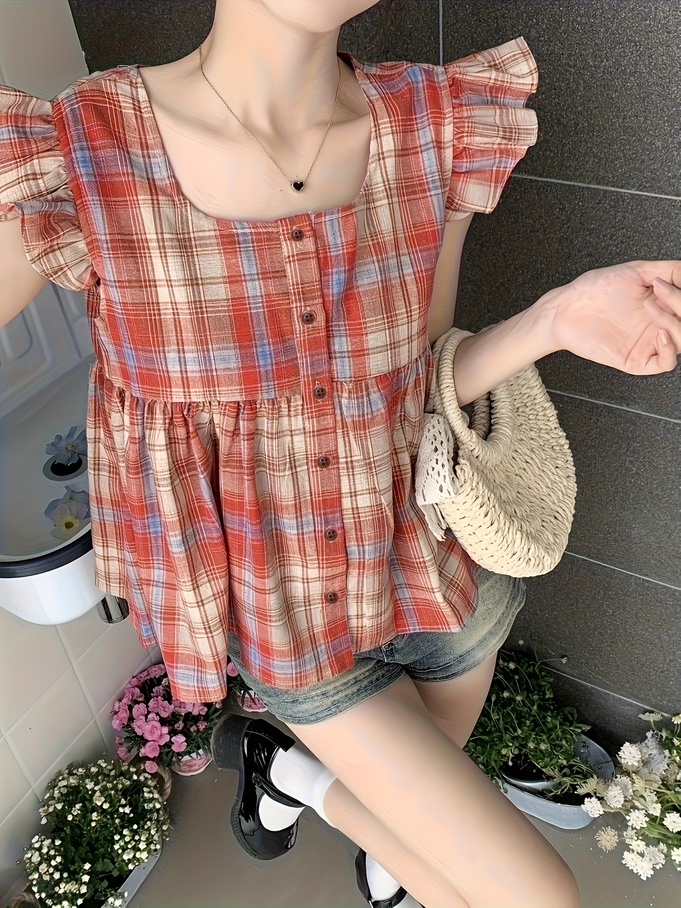 Women'S Vintage Red Plaid Off-Shoulder Shirt Casual Square Neck,  Sleeveless Top with Ruffle Details Spring/Summer, Summer Top|Ruffle De