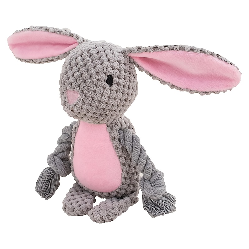 Image of Squeaky Plush Rabbit Dog Toy - Chew-resistant Interactive Toy For Small To Medium Dogs, Soft Fabric With Pink Ears & Tail, Eyes For Pets, Fun Animal & Cats
