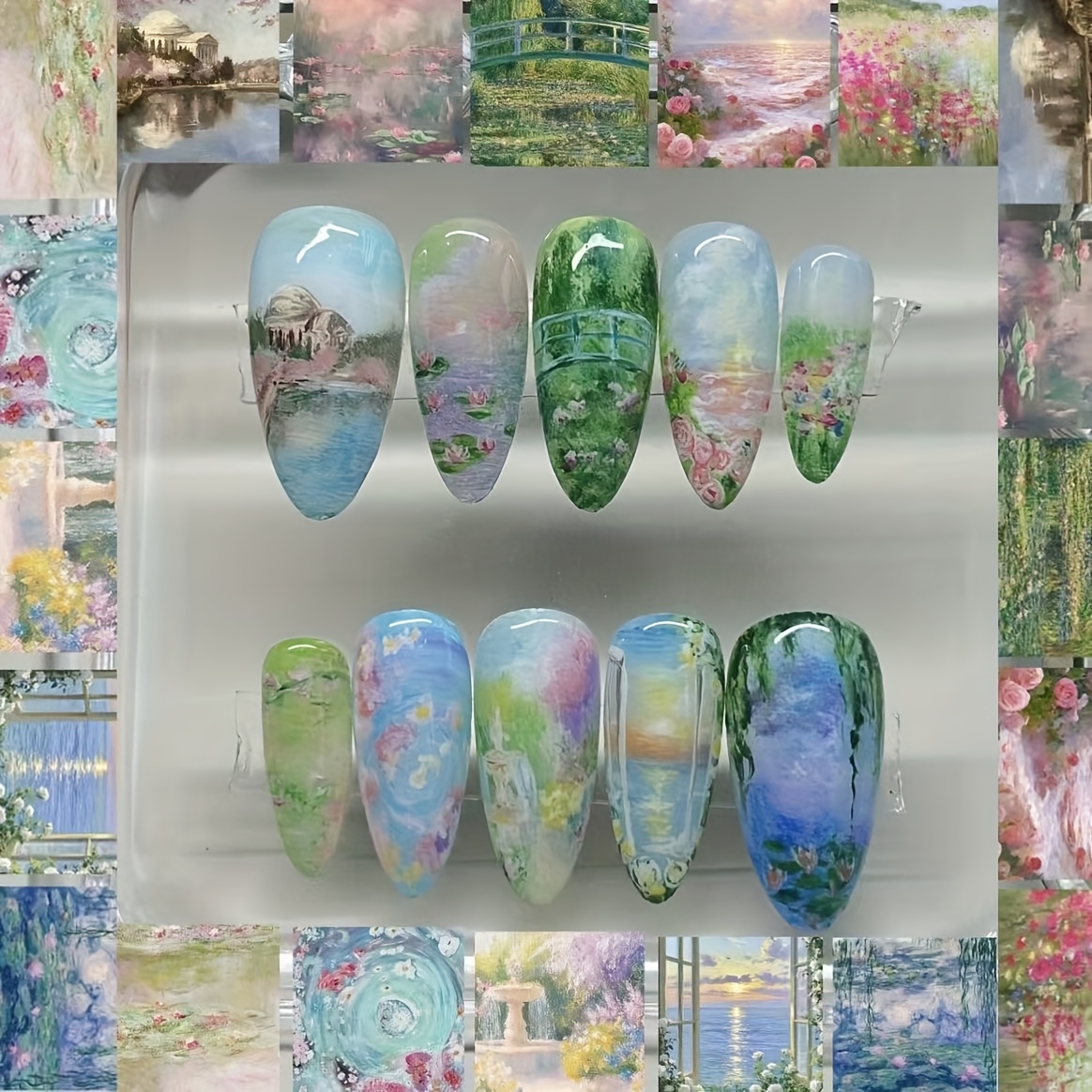 TEMU Unghie Finte a Mandorla Stile ', 24 Pezzi, Stile Pittura a Olio, Fiori Freschi, Paesaggi Naturali, Belle e Affascinanti, , Versatile, di Stile ,