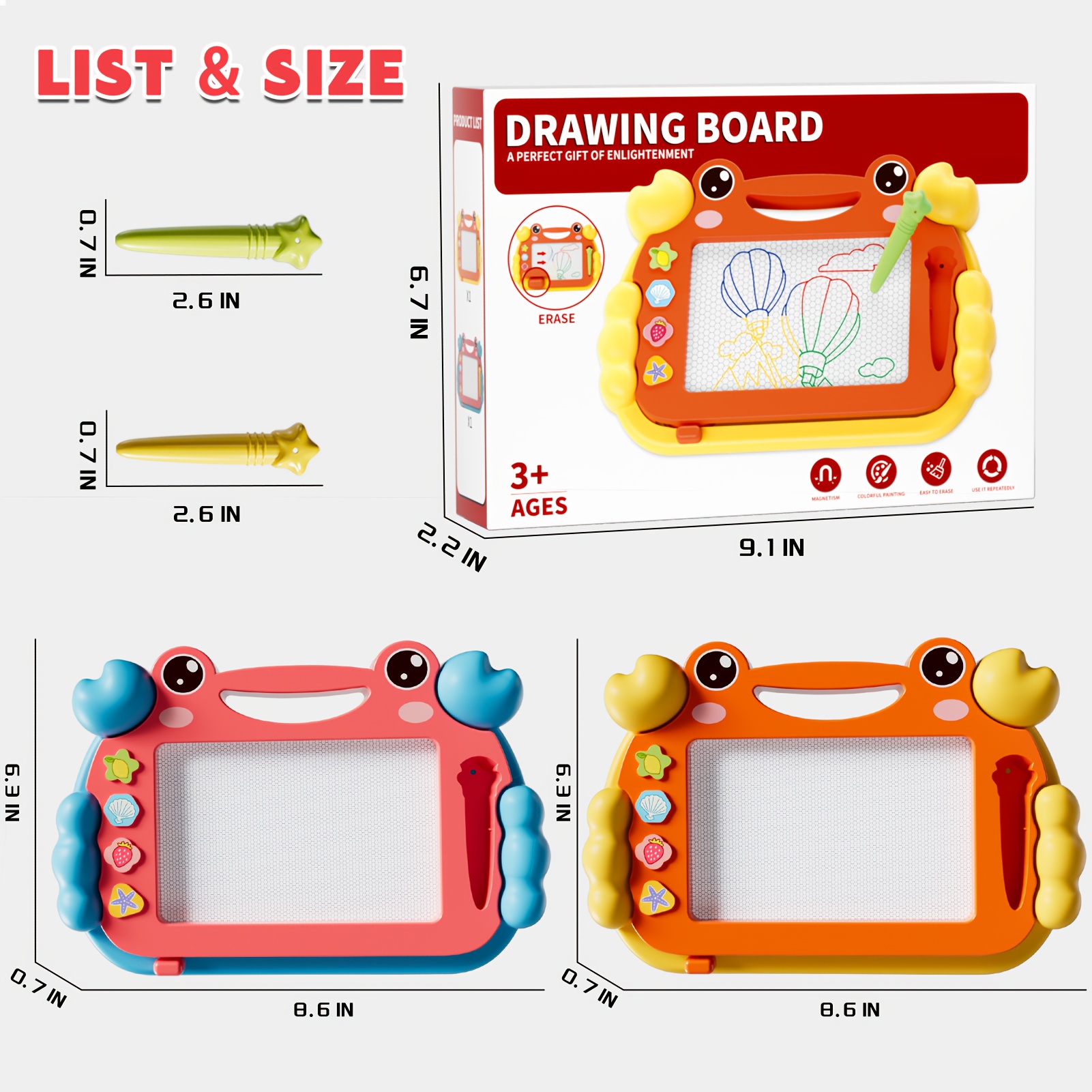 TEMU 2pcs Crab Size Magnetic Drawing Board, Toy For Kids Age 3-7 Years, Erasable Doodle Board With , Educational Travel Learning Toy