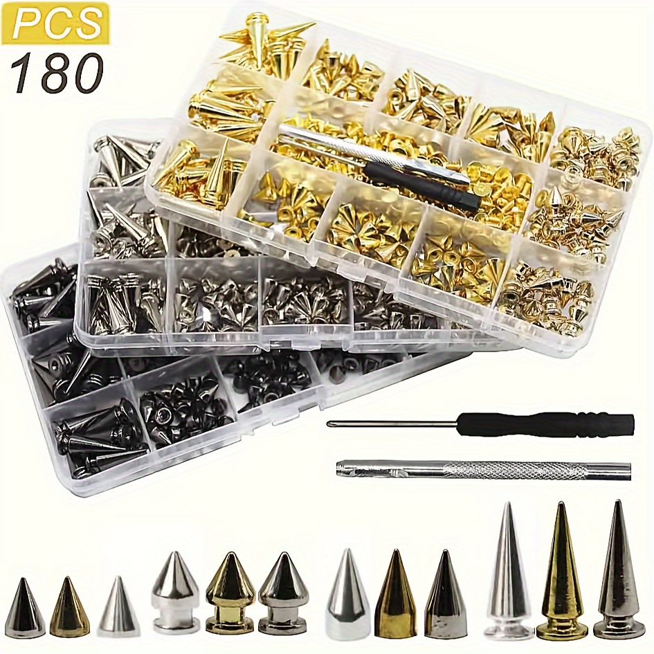 

180/80sets Punk Rivet Screws Back Studs And Tip Kit, With Tools Leather Craft Bullet Cone Diy Leather Collar Bangle